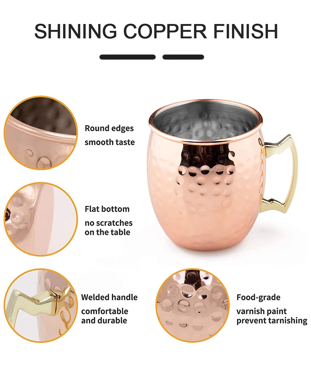 Walcold Hot Sell Stainless Steel 16oz Moscow 100% Solid Plated Drinking Hammered Cup Coffee Beer Mule Copper Mug