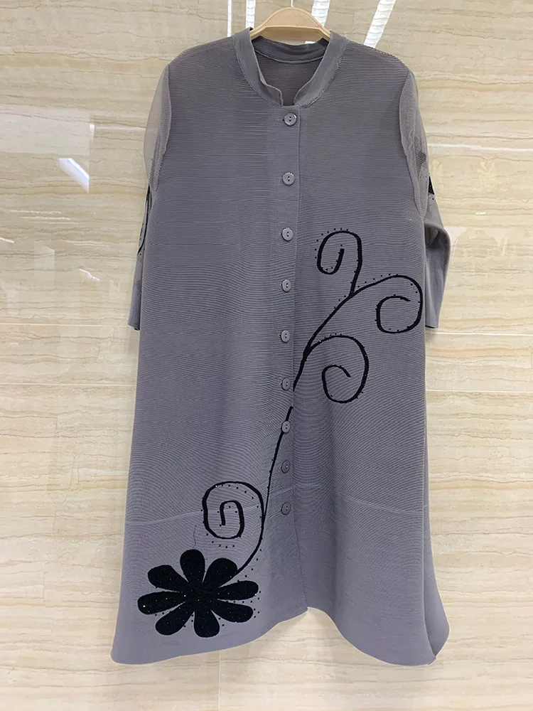 Korea Fashion Vintage Stretchy Pleated Single Breasted Ladies Cardigan Coat Women Free Size Loose A Line Rhinestone Casual Dress