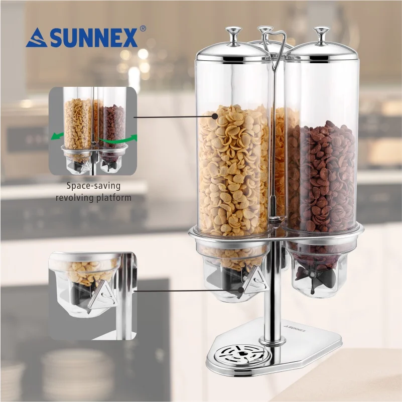 Sunnex Classic Space Saving Rotating Triple Tubes Cereal Dispensers for Hotel Buffet Restaurant Damp-proof Snacks Container