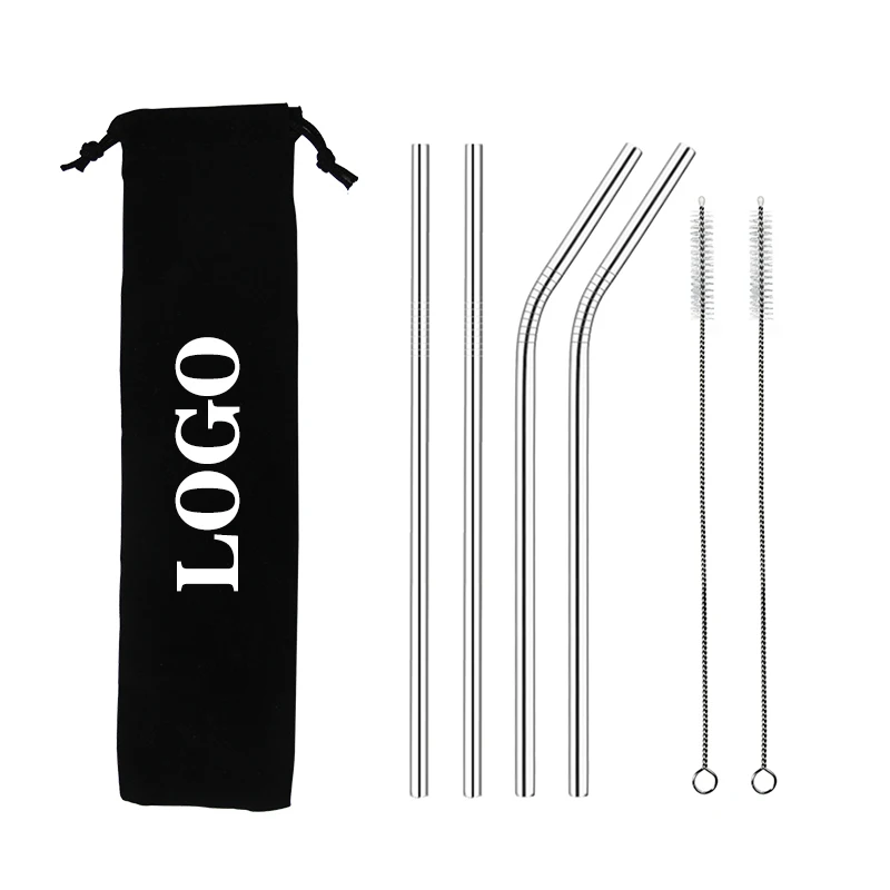 Wholesale Eco-friendly Reusable 6mm Metal Drinking Straws Set Customized Logo BPA Free 304 Stainless Steel 8mm Straws with Brush