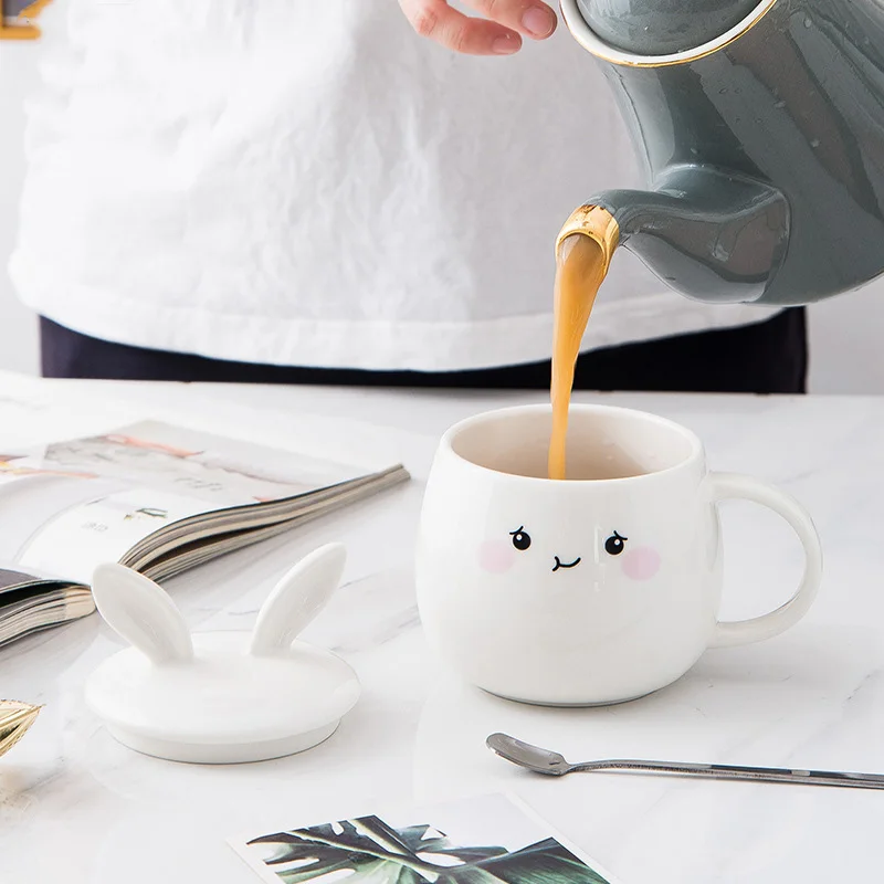 Creative Cute New Style Rabbit Ears Heating Water Color Changing Ceramic Cup With Spoon And Lid