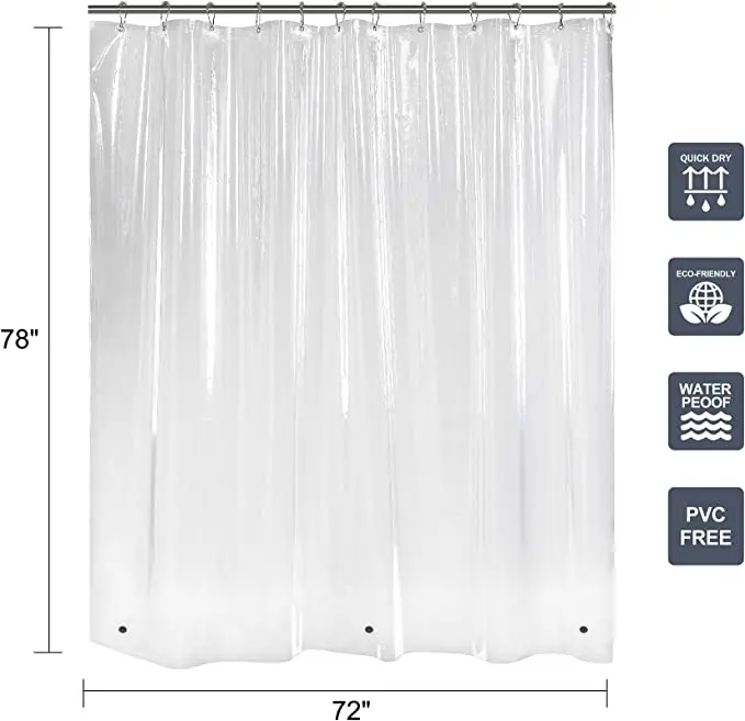 Clear Shower Curtain Lining 72 x 78 long plastic PEVA Shower curtain with bathroom lining with magnet rust proof washer hole