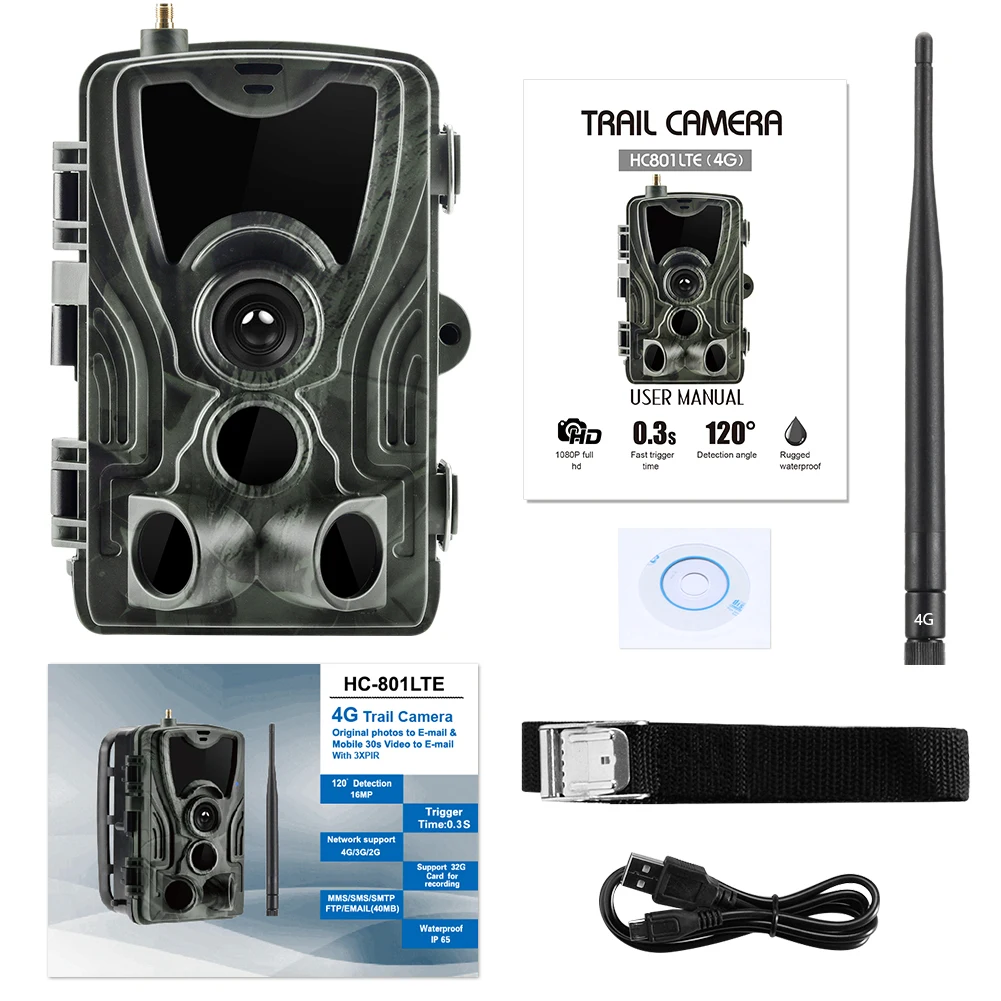 4G Hunting Trail Camera FTP SMTP MMS SMS 20MP 1080P Wireless Cellular Wildlife Cameras HC801LTE 0.3s IP65 Surveillance Cam
