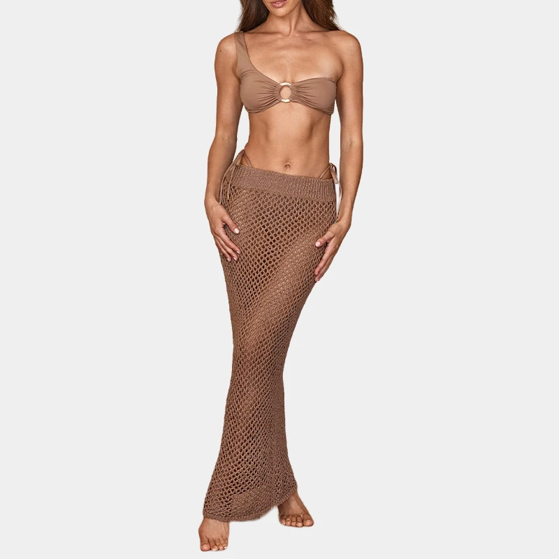 High waisted fishnet maxi long knitted cotton swim cover up diamonds rhinestone women summer crochet skirt