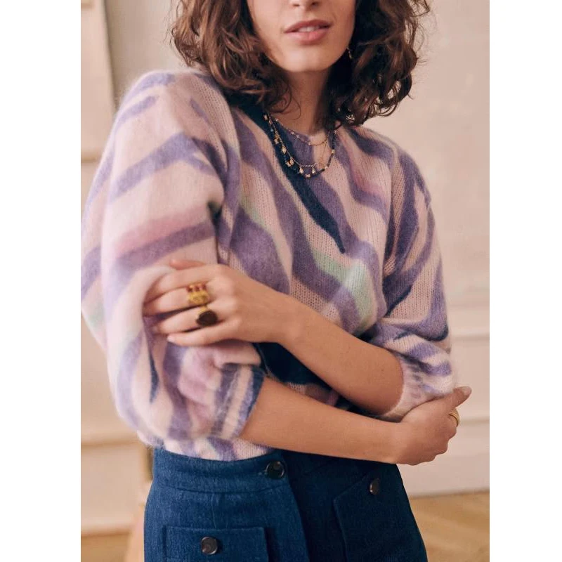 custom Round neckline Multicoloured zebra print women sweater knit wool mohair 3/4 puffed sleeves  jumpers sweater women