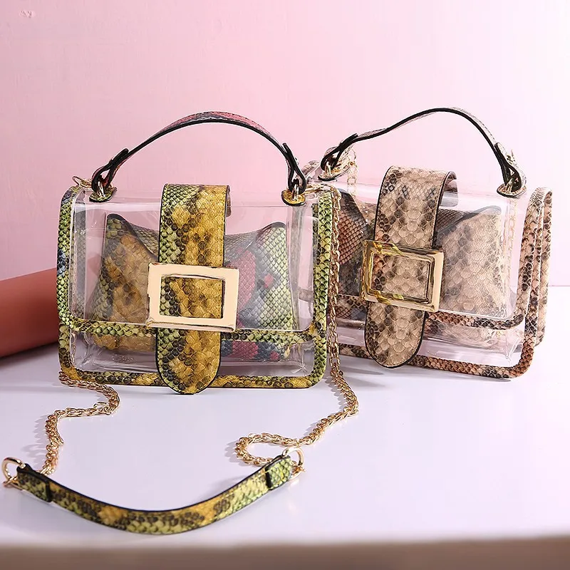 
Wholesale fashion transparent bag with snake leather Latest Tote crossbody pvc clear shoulder bags 