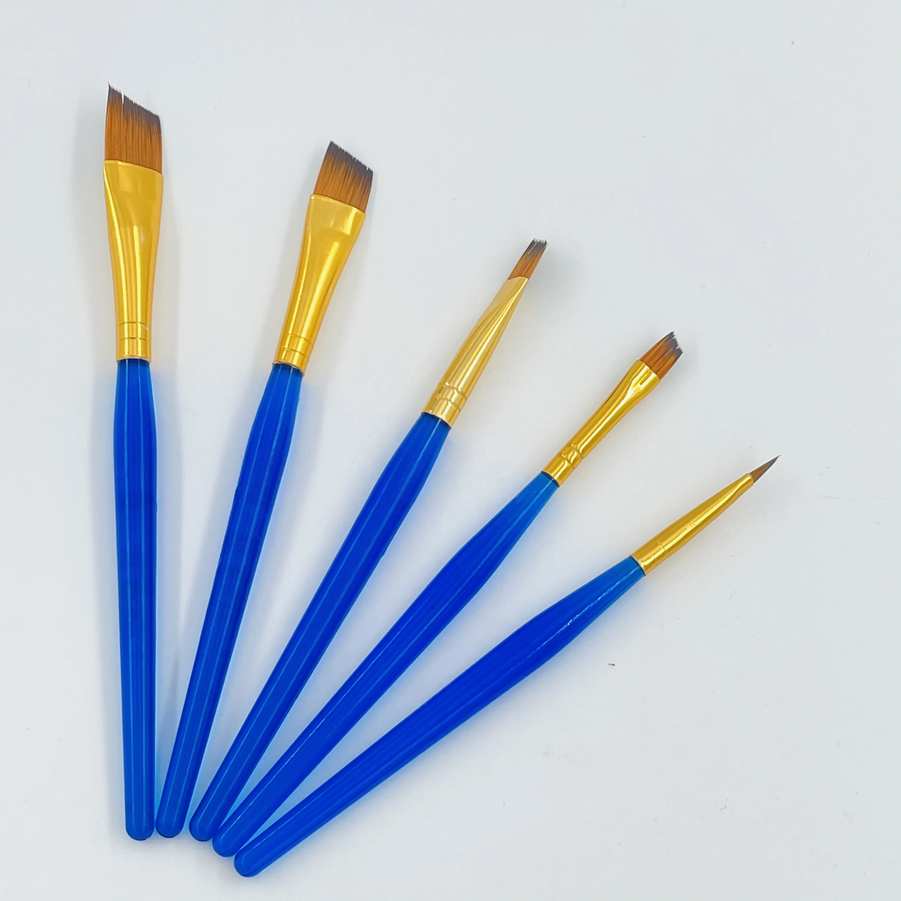 5pcs blue plastic handle golden aluminum tube tiger color nylon hair watercolor paint brush set
