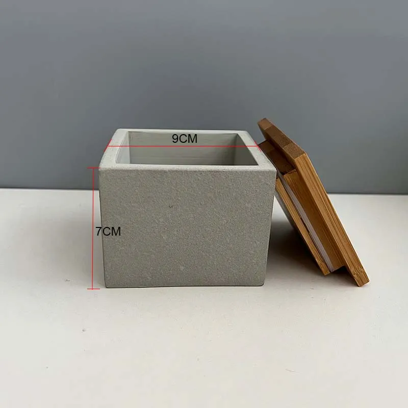 Square Matte Concrete Candle Vessel with Sealed Bamboo Lid
