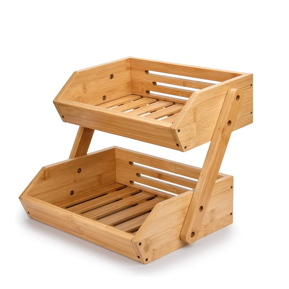 Large Bamboo Fruit Basket 2-Tier Fruit stand storage holder  fruit bowl for Kitchen Counter Kitchen Countertop Organizer