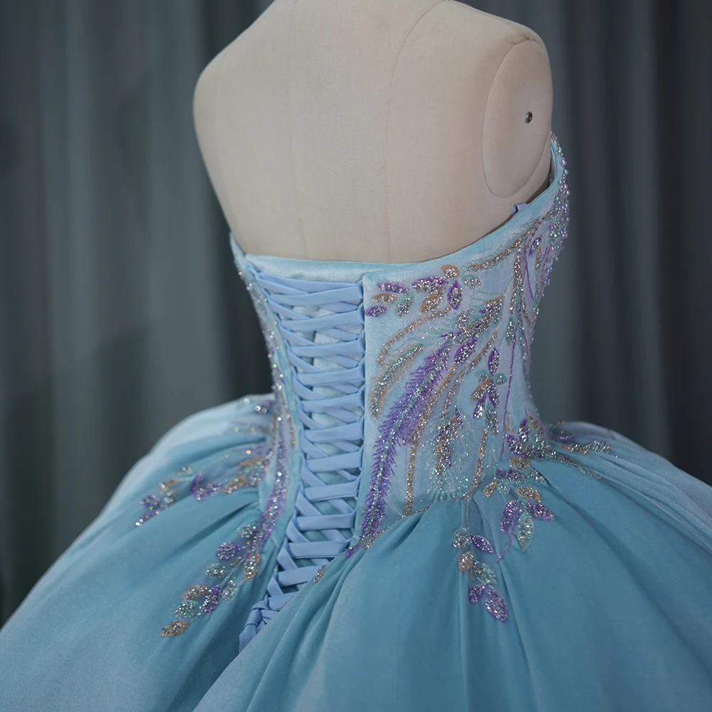 Blue Quinceanera Dress Lace Applique Beaded Bling Organza Off Shoulder Sweet 16 Dy6831