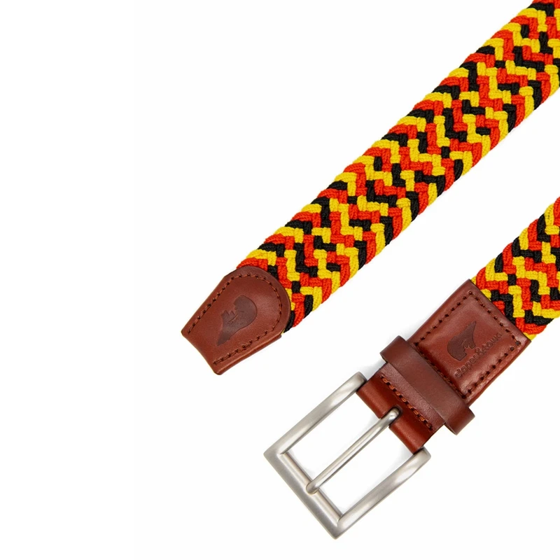 New Soft Brown Matt Leather Piping With Debossed Brand Logo Elastic Stretches Up Braided Woven Belt with Nickle Color Buckle