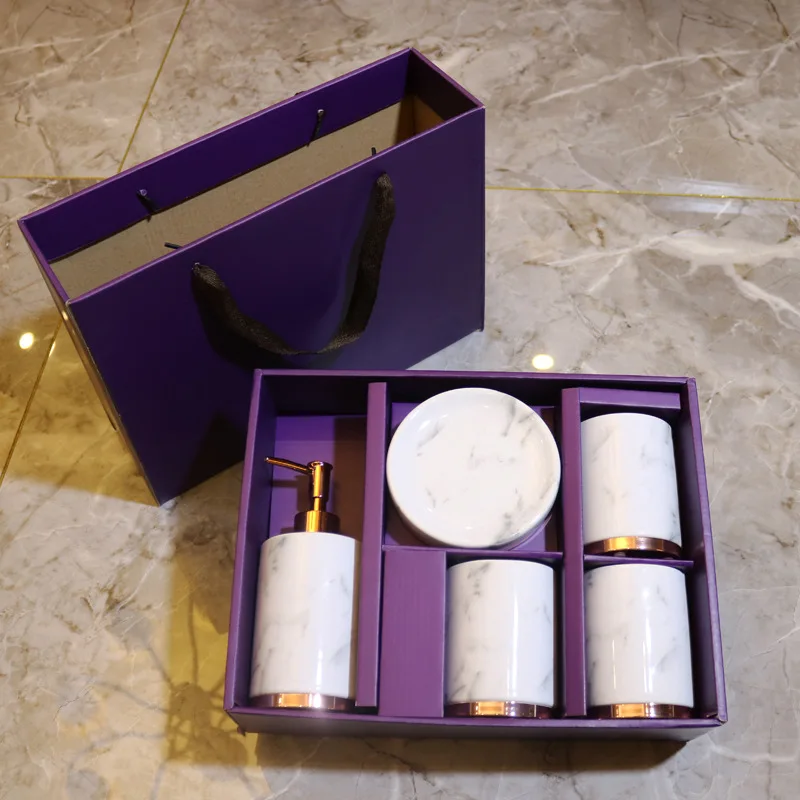 Decorative wholesale White 6 pieces Round Shape Black Marble Effect Resin Bathroom Sets