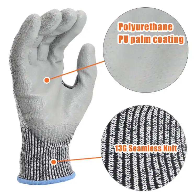 ENTE SAFETY Anti Cut Level 5 Glass Fiber HPPE Knit PU Coated Cut Resistant Protective Gloves for Glass Handling