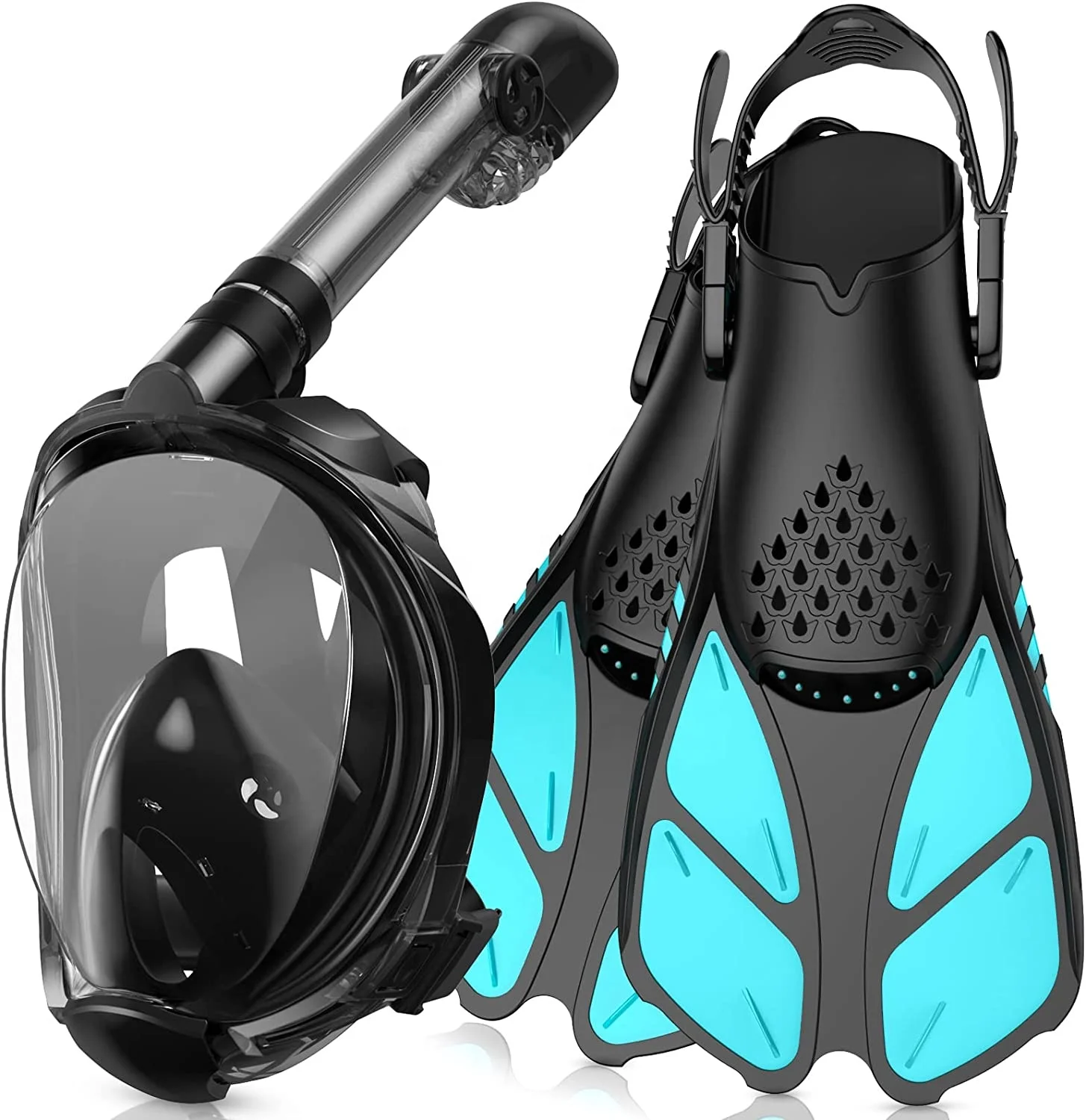 OEM Snorkel Set Mask Full Face Snorkel And Flippers Dry Top Breathing System Snorkeling Gear Adults Open Heel Swim Flippers
