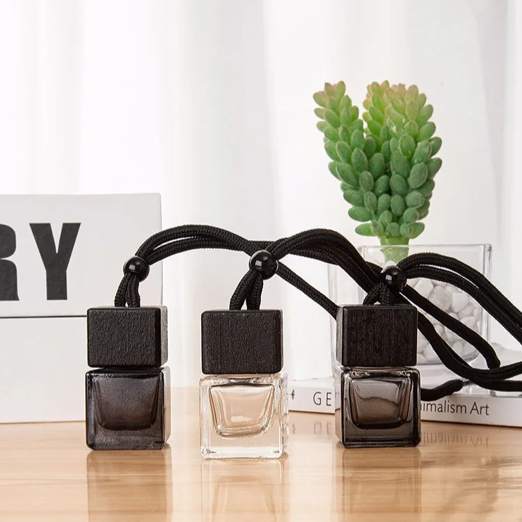 8ml Mini Empty Clear Black Square Car Perfume Glass Bottle With Wood Hanging Cap for Diffuser String