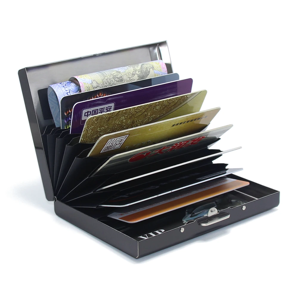 10 Pockets Metal Wallet Box Credit Bank Name Novelty Card Holder Business Card Case Stainless Steel Anti RFID Wallet
