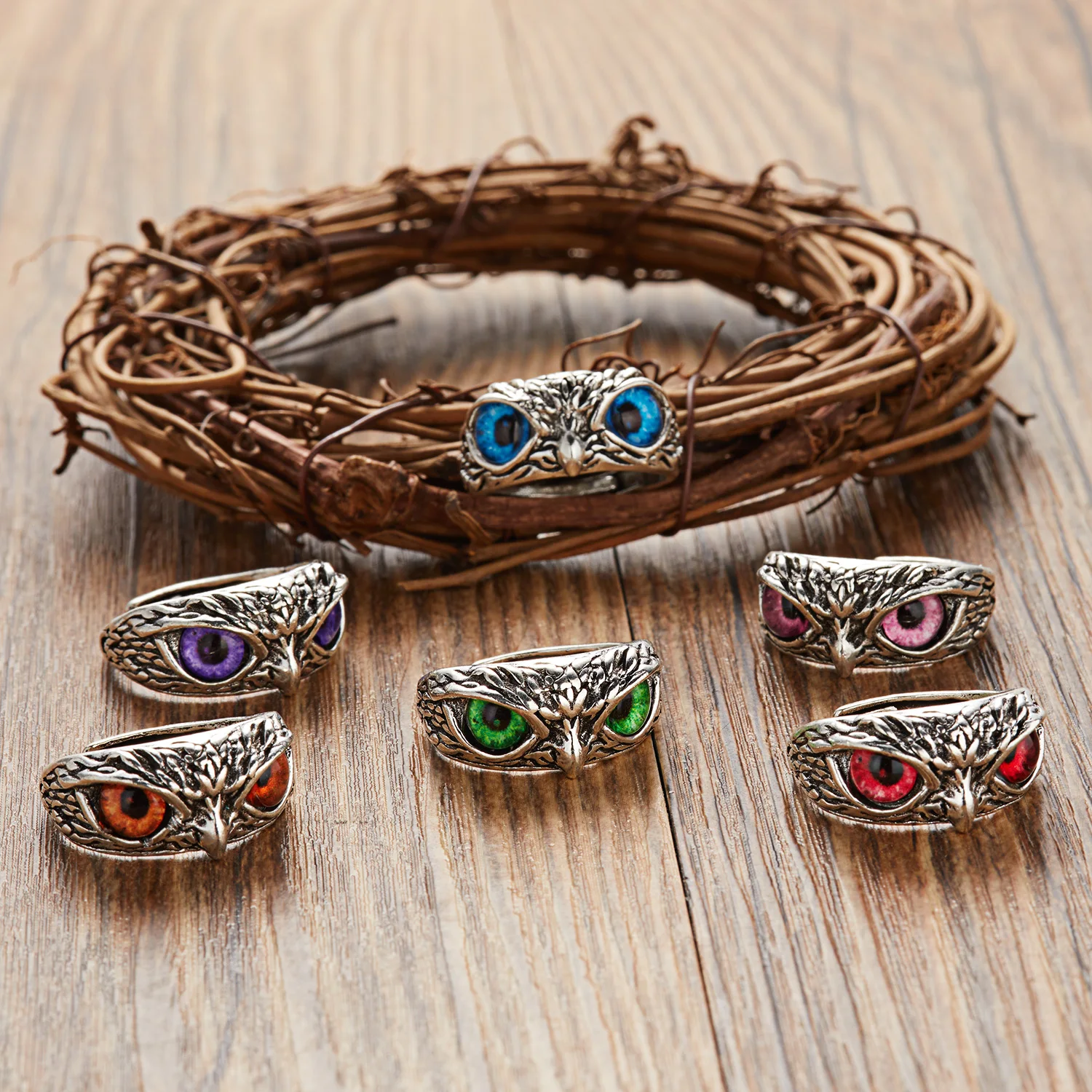 Vintage Silver Owl Ring Multi Color Cat Eyes Animal Charm Vintage Rings Men Women Adjustable Wide Opening Rings Jewelry Gifts