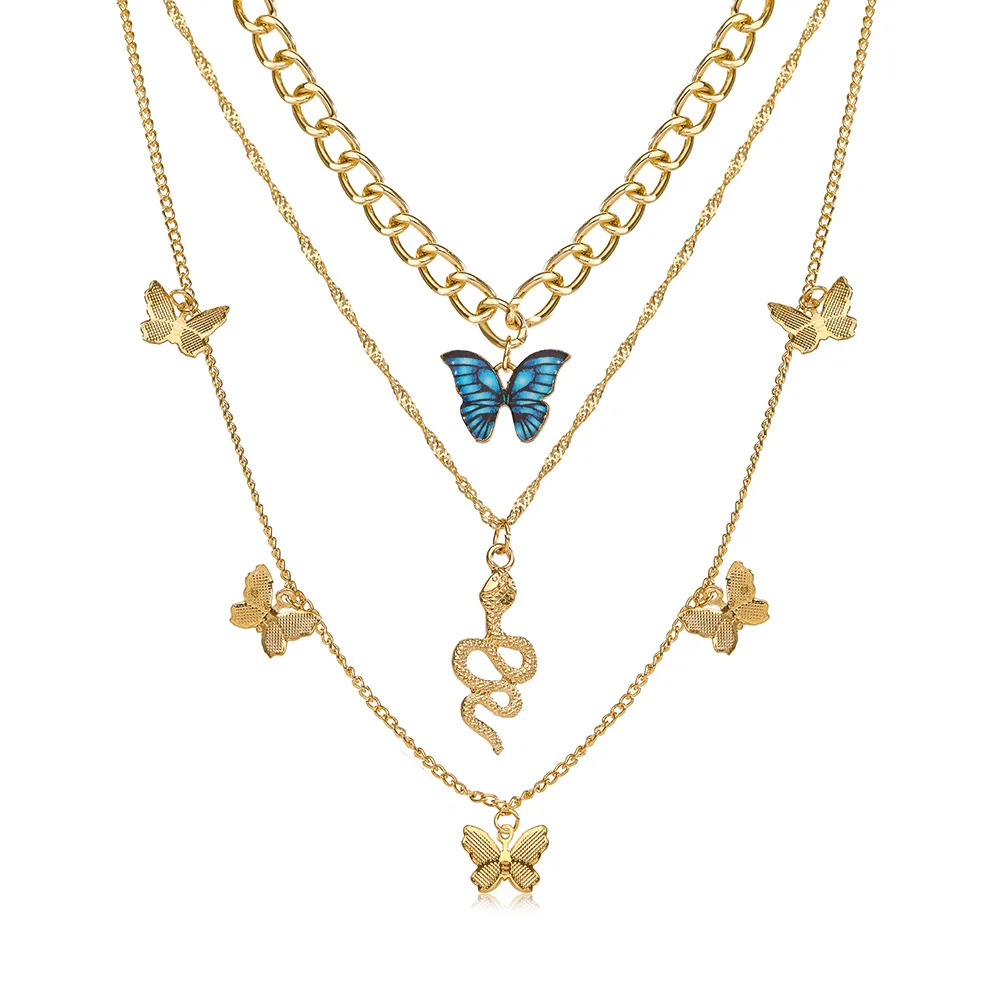 2022 Fashion Retro Long Adjustable Gold Plated Necklace Blue Snake Multilayer Necklace Three Floors Butterfly Necklace for Women