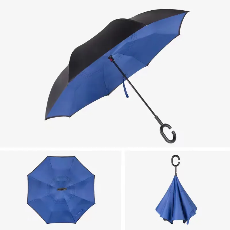 Custom Inverse Car Umbrella with Logo Double Layer Inside Out C Shape Handle Design Inverted Reverse Rain Umbrella