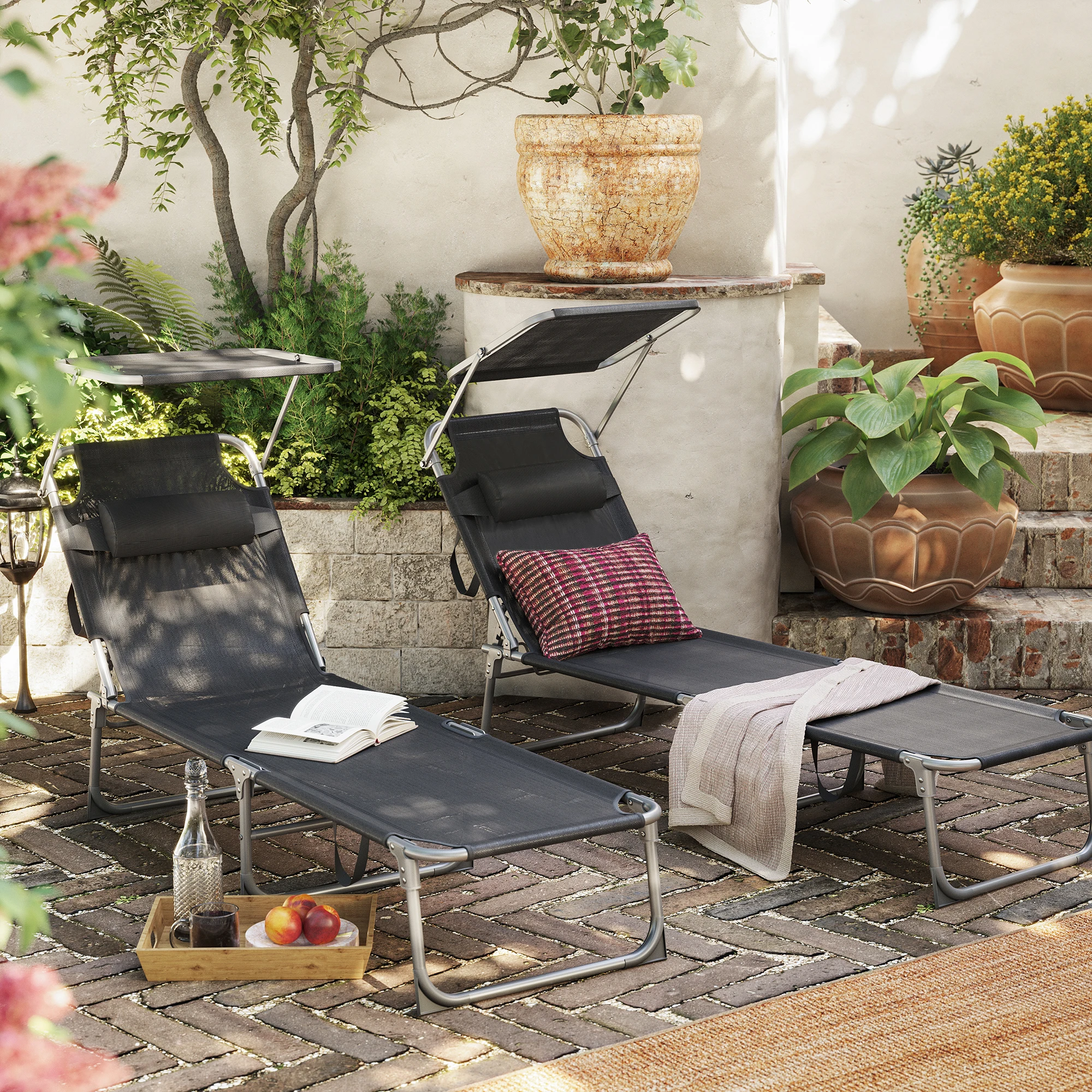 Songmics Outdoor Furniture Foldable Picnic Beach Garden Pool Chair Adjustable Sun Bed Sun Lounger with Headrest