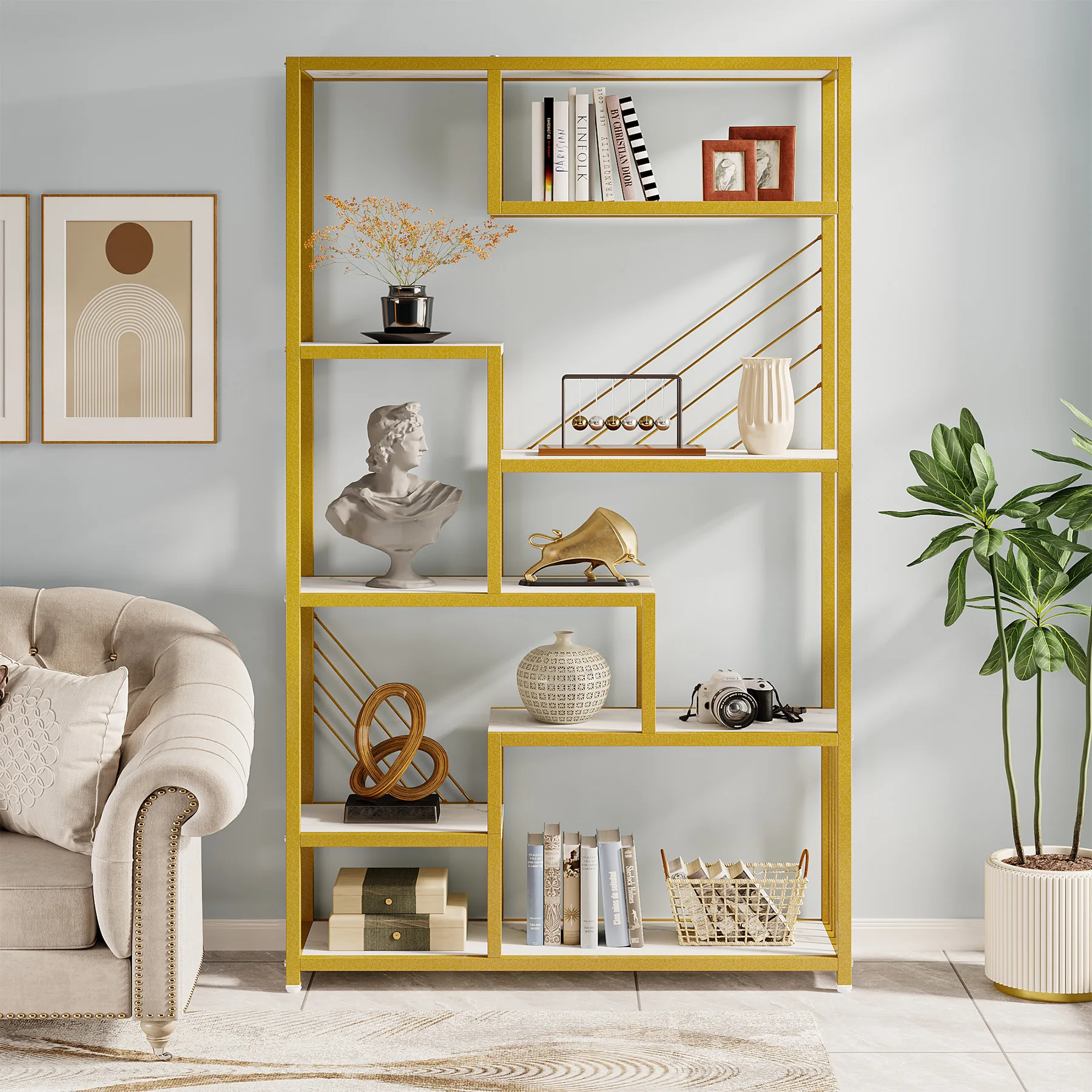 Modern wooden open-back marble white gold floor standing bookshelf unit with storage shelves