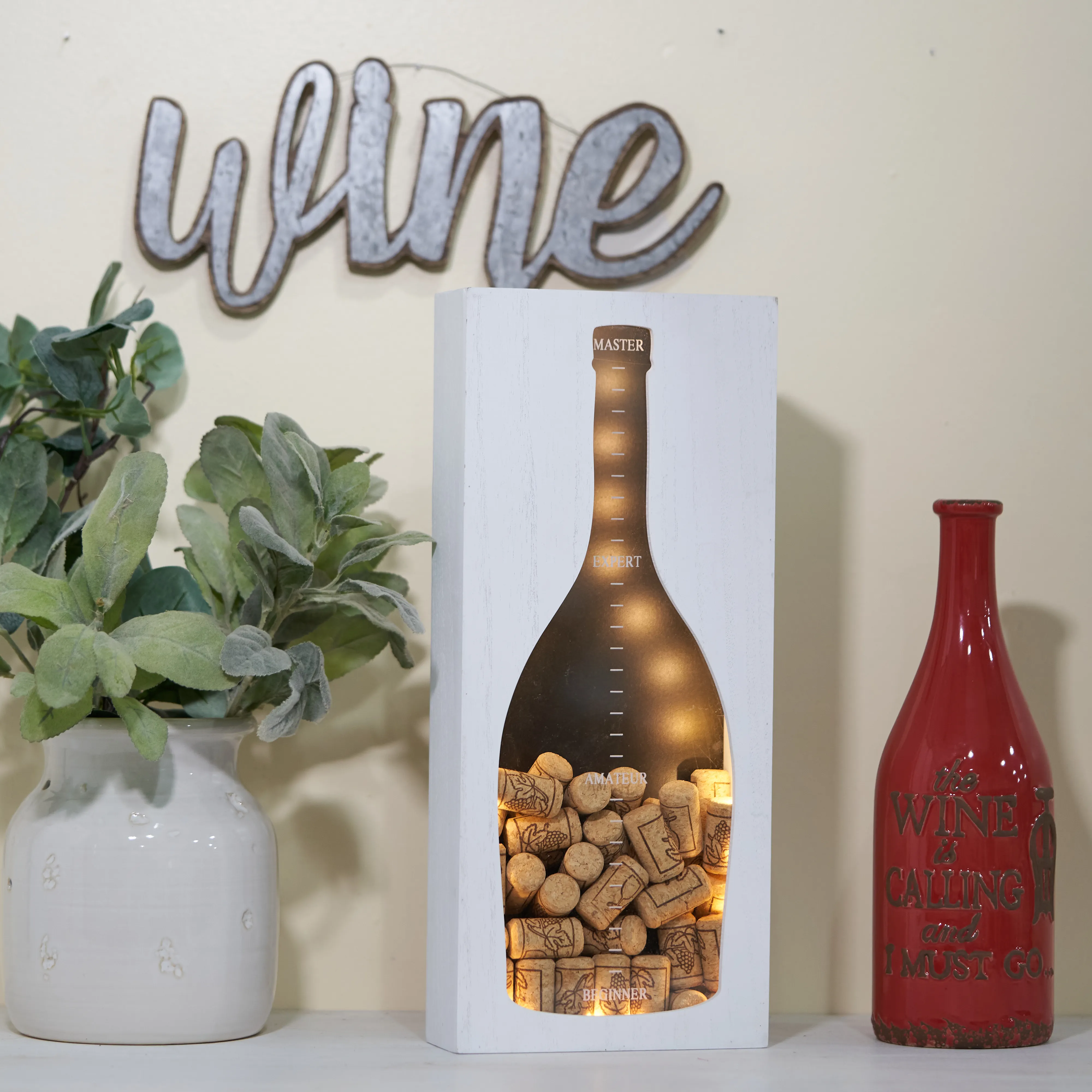 Dropshipping Vintage Grey Blank Top Wood Shadow Box Bar Wall Mounted Wine Cork Collector Shadow Wooden Box With LED Light