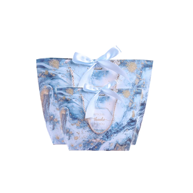 Wholesale blue marble printing boat shape gold letter thank you  small gift paper bag with ribbon
