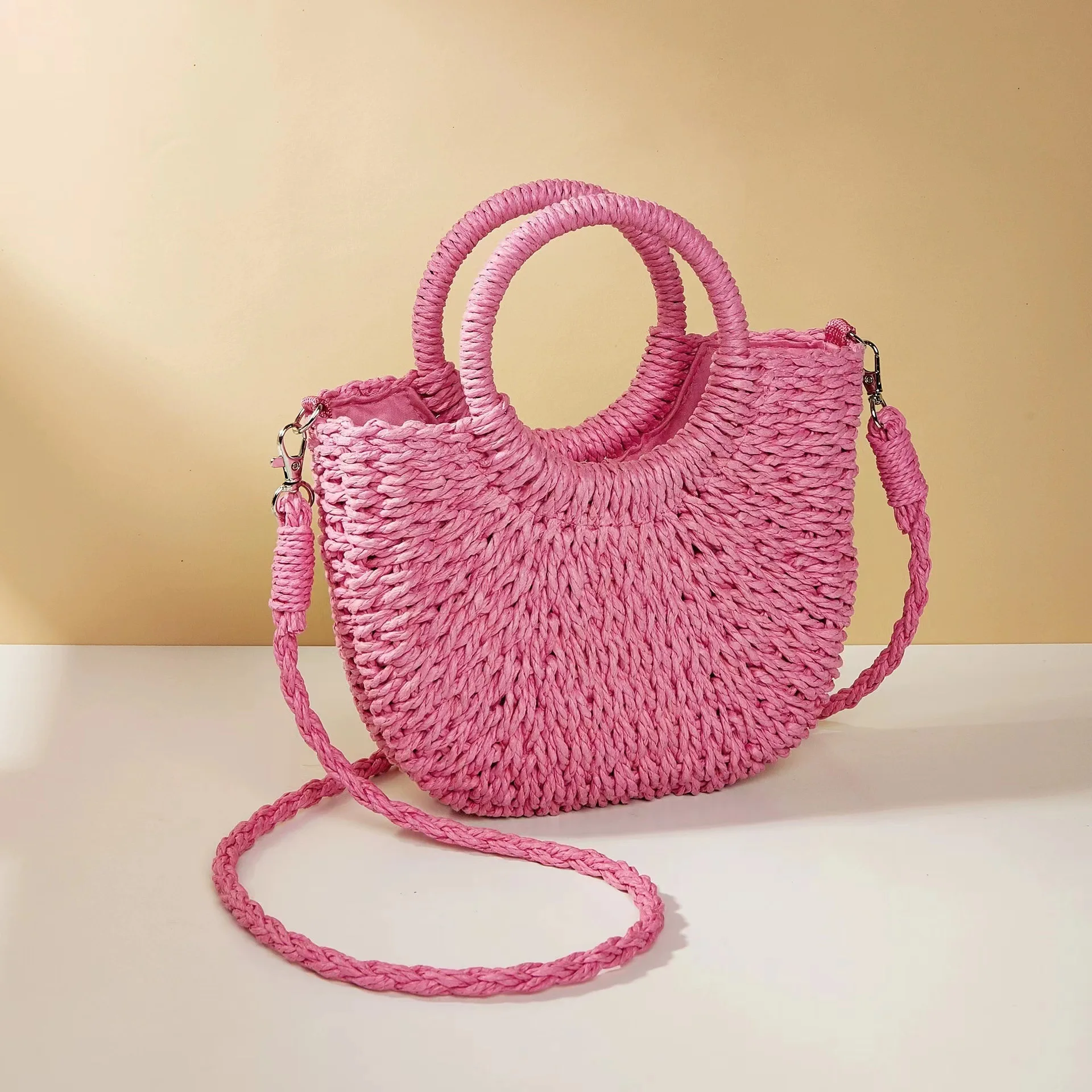 Multi-color Mini Semi-circle Hand-woven Women Summer Retro Beach Tote Shoulder  Straw Bag Crossbody Travel Beach