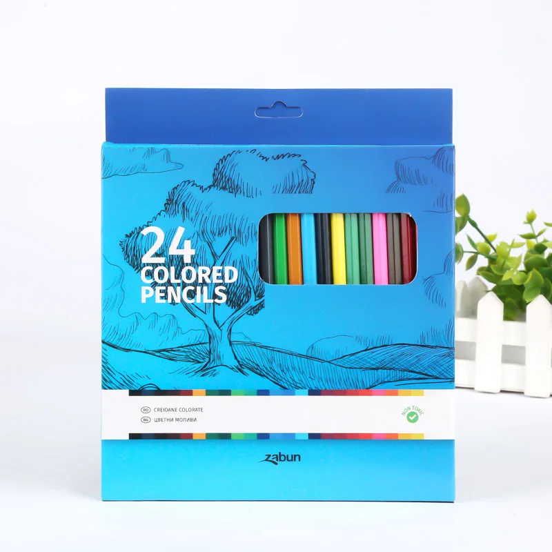 Natural Wood Rainbow Colour Pen Drawing Colored Pencils Set for Kids 24 Color Pencil