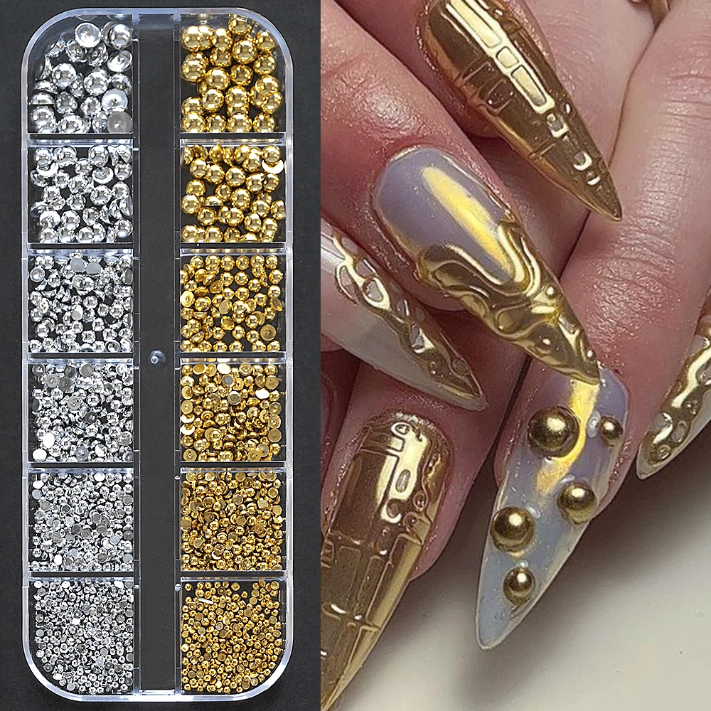 12Grid/box Gold Silver Half Round Pearl Beads Nail Charms 1/2/3/5mm Flatback Round Nail Caviar Bead Micro Ball Manicure Bead