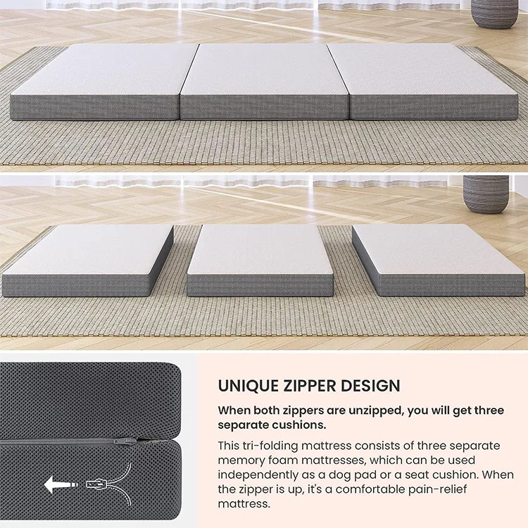 Portable Tri-Fold Memory Foam Mattress Topper with Washable Cover Non-Slip Bottom Modern Folding Foldable Bed Bedroom Floor Use