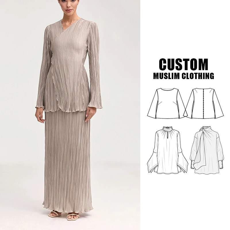 islamic clothing manufacturers 2024 new design modest Satin Plisse Tie Front skirts Top blouse set for women muslim two piece