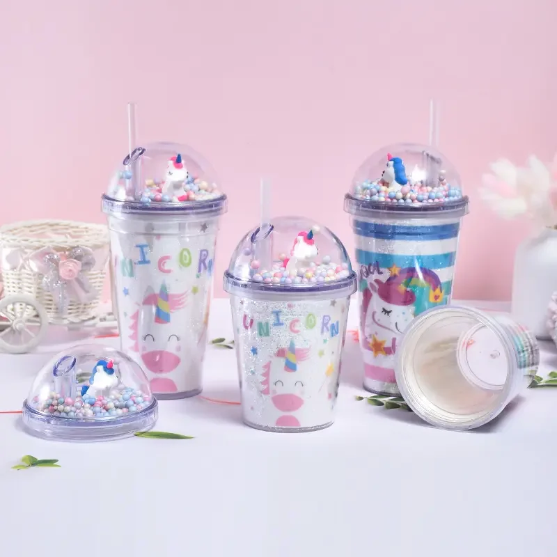 Wholesale cute cartoon girl sipper bottle water bottle plastic sports double-layer tumbler unicorn kids water bottle with straw