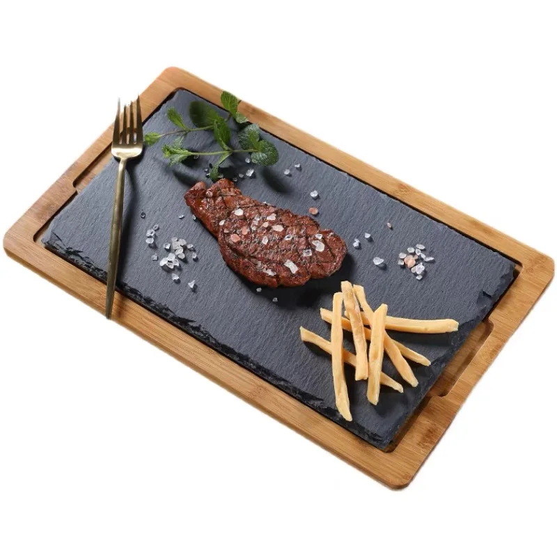 Modern-Style Wooden Steak Cutting Board with Slate Stone Serving Platter BBQ Grill Meat Charcuterie Dishes Features