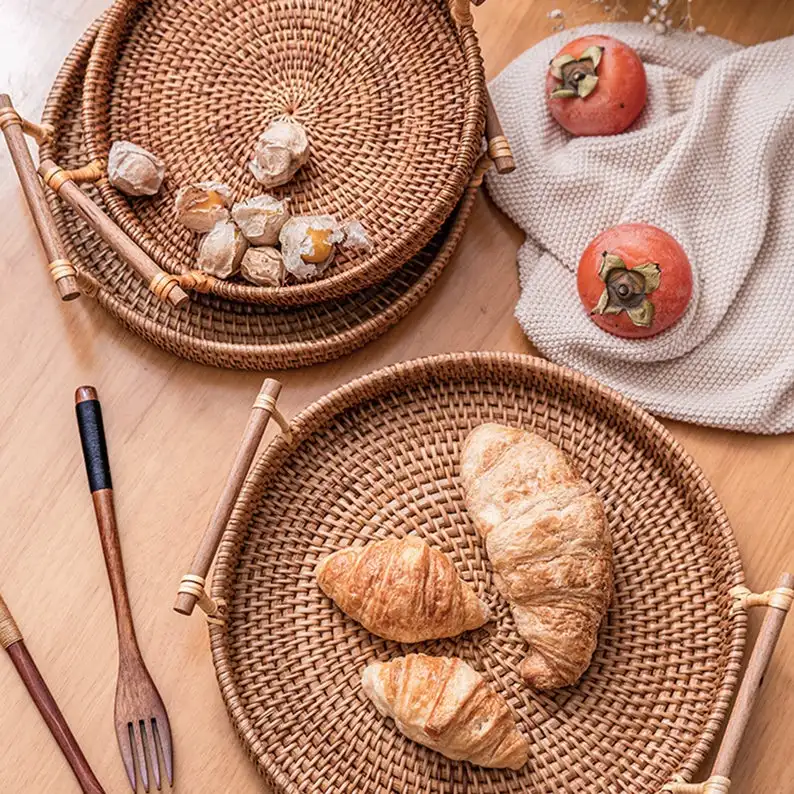 Rattan Serving Trays Breakfast Lunch Fruit Storage Decor Handmade Vietnam factory Rattan Tray