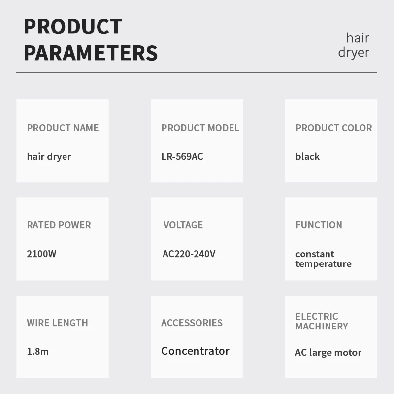 Lenrood LR-5916AC Professional Large Power AC Motor 1800-2200W Hair Dryer With Safety Temperature Protection