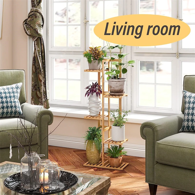 Hot Sales 5 Tier 6 Potted Tall Flower Stand Outdoor Bamboo Wooden Large Plant Stand Shelf