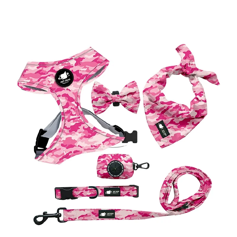 New Pet Lovely Tactical Soft Leash Collar Harness Polyester Pattern Dog Harness Bow Tie And Leash Set