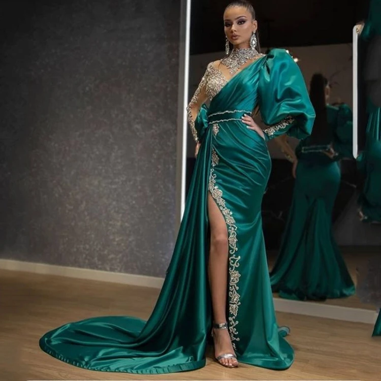 
S-3XL irregular high slit puffy sleeve green satin nude embroidery designer celebrity ball gown maxi evening prom dresses women 