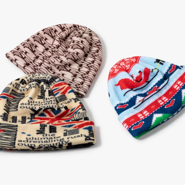 Custom Logo Sublimation All Over Digital Full Puff Print Winter Warm Knitted Cuffed Printed Beanie Hat