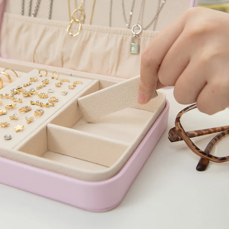 Custom Logo Round Velvet White Pink Travel Jewellery Organizer Mirror Storage Jewelry Box Case