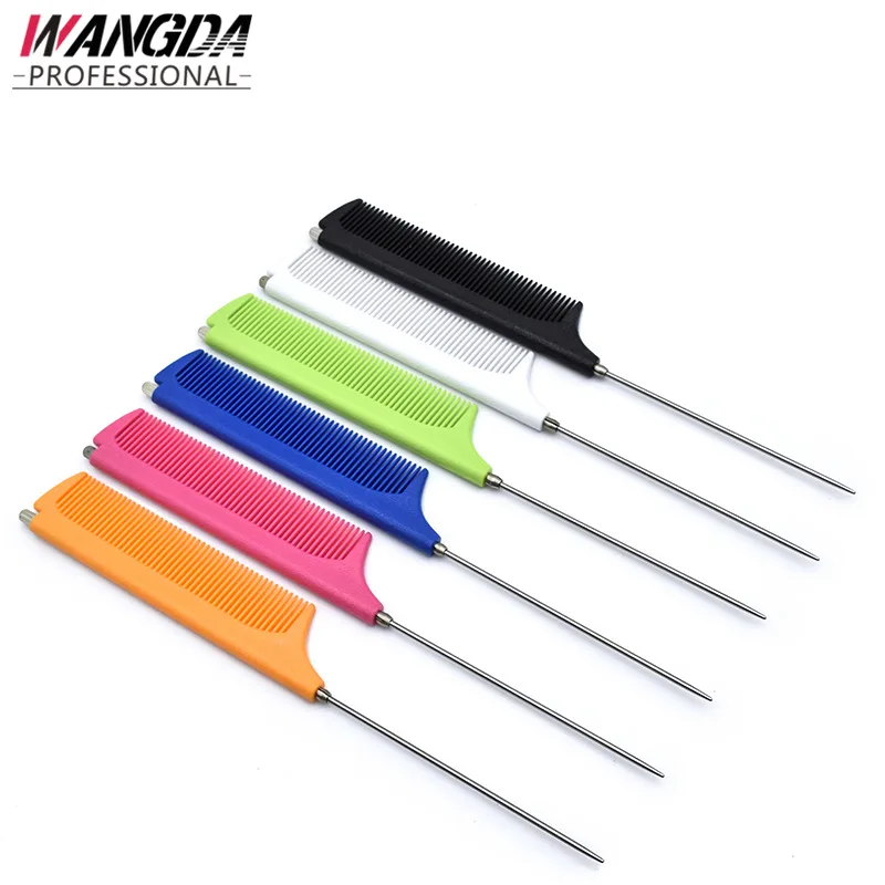 Hot customized private label Pink Hair Tinting Parting Comb salon styling metal pin rat tail carbon braiding comb for women