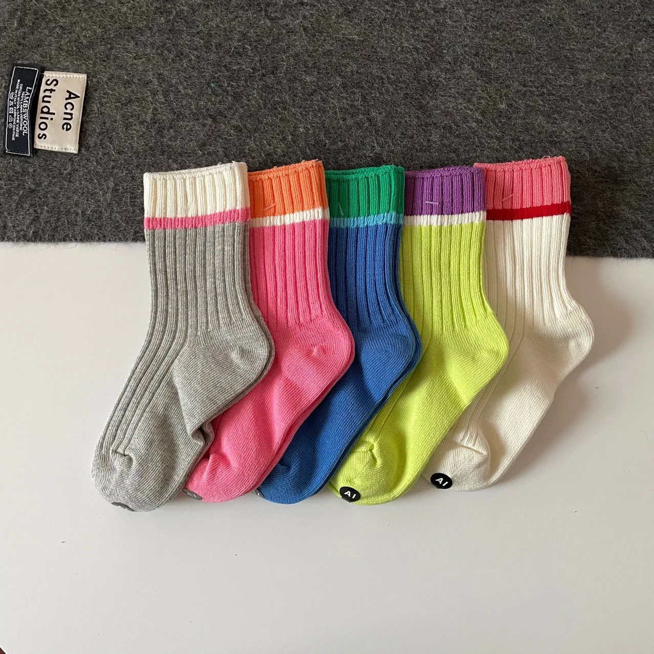 wholesale 5 Pairs Double Needle Solid Color Seamless Cotton Toddler Kids Ribbed Crew Socks