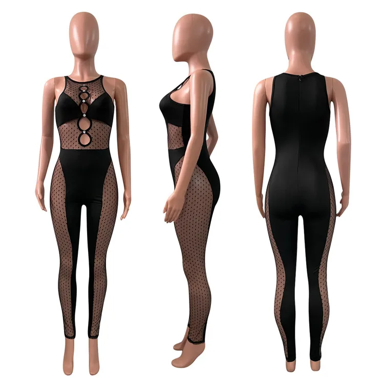 2022 Sexy Ladies Bodycon Rompers Sleeveless Mesh See Through Patchwork Spring Women One Piece Jumpsuits