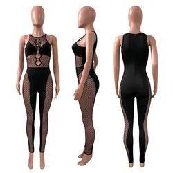2022 Sexy Ladies Bodycon Rompers Sleeveless Mesh See Through Patchwork Spring Women One Piece Jumpsuits