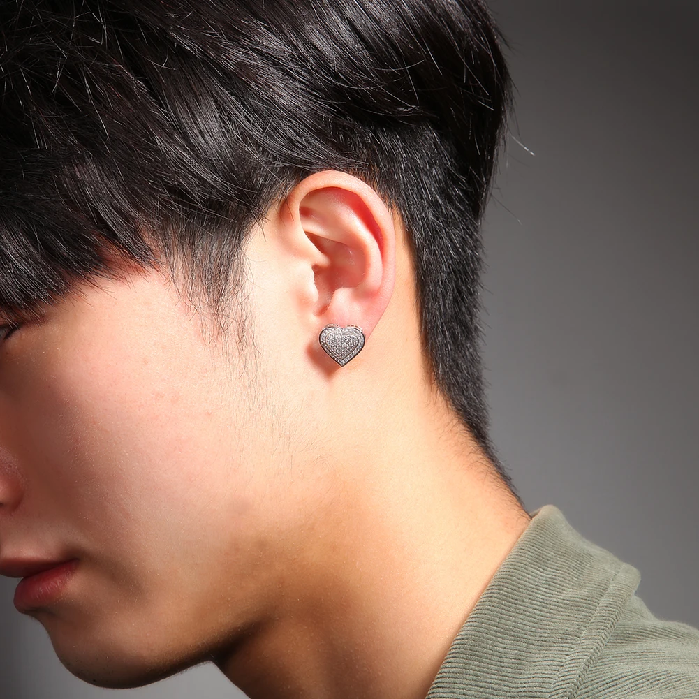 Hip hop 925 sterling silver earrings full cz paved heart shape silver stud earrings luxury jewellery for men