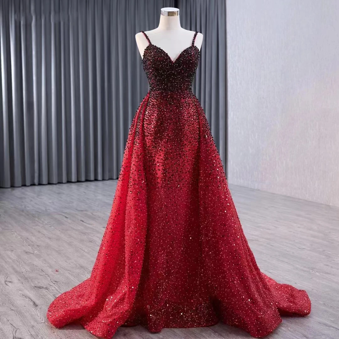 Custom Made Black Red Women Party Dress Beading Lace Detachable Skirt Long Evening Dresses