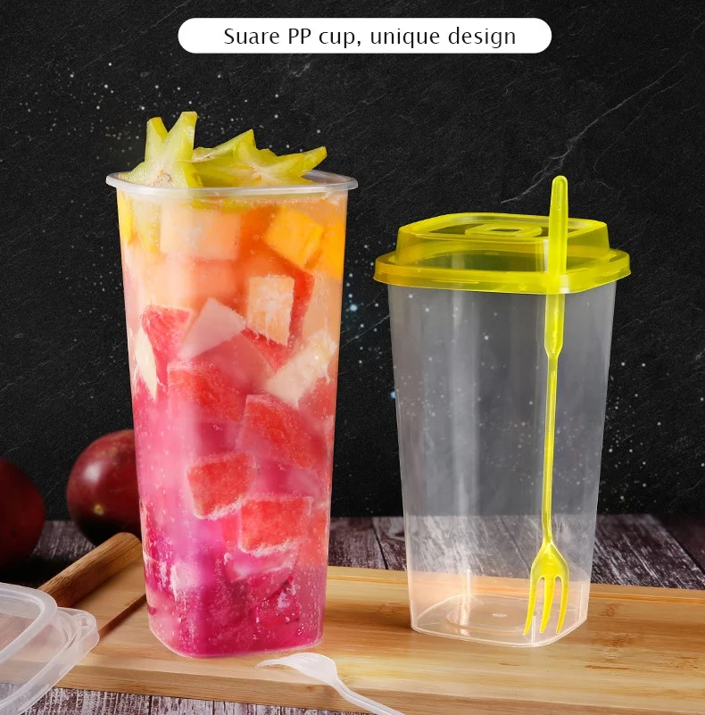 
Disposable fruit cup clear square plastic cups with lid and fork 