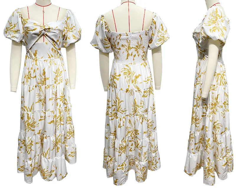 2024 Spring/summer New Style Slim-fit Printed Puffy Sleeves Swing High-end Dress Natural Digital Printing Woven Simple Chiffon