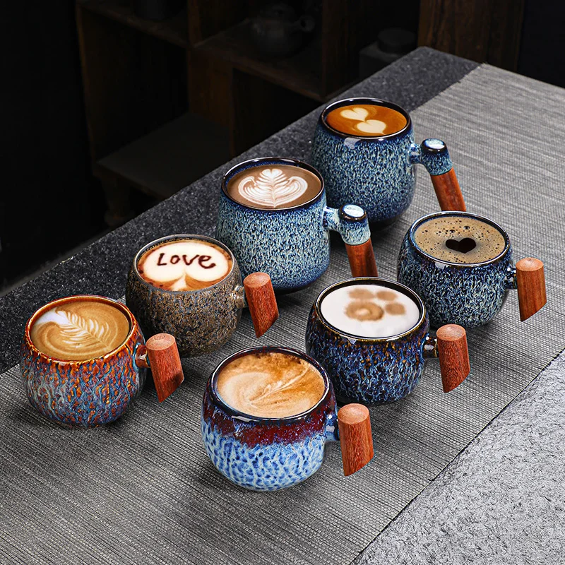Wholesale Custom Logo Wide Coffee And Mug Gift Set Porcelain Reusable Ceramic Cup With Wooden Handle